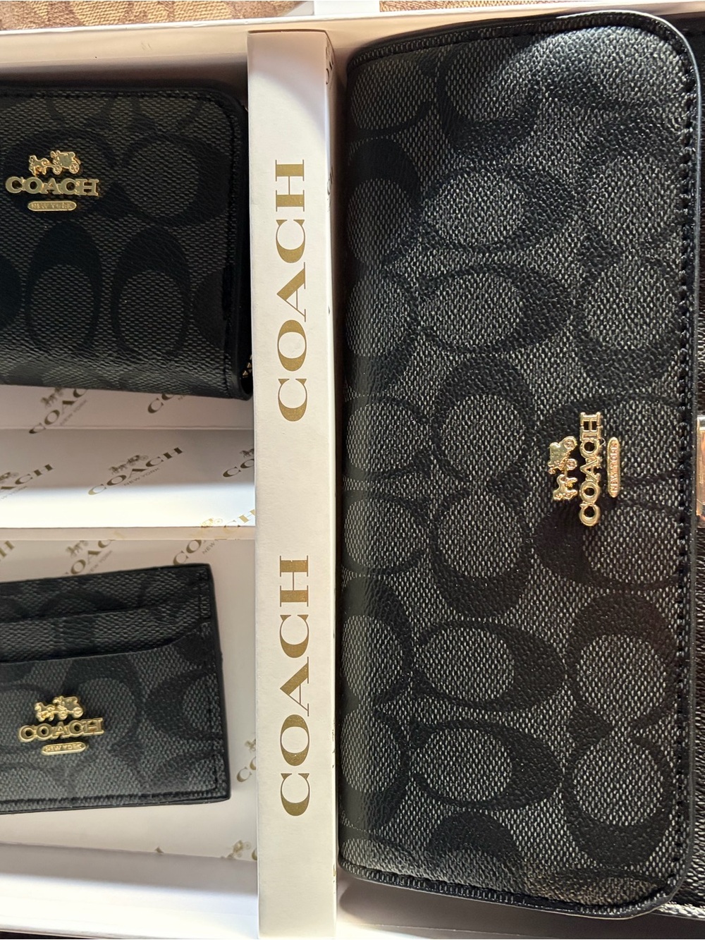 Coach Black Signature Monogram Wallet Set with Gold Hardware